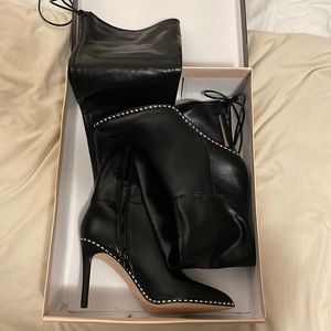 BCBG Hilanda black leather boot size 8, silver stud accents, never worn